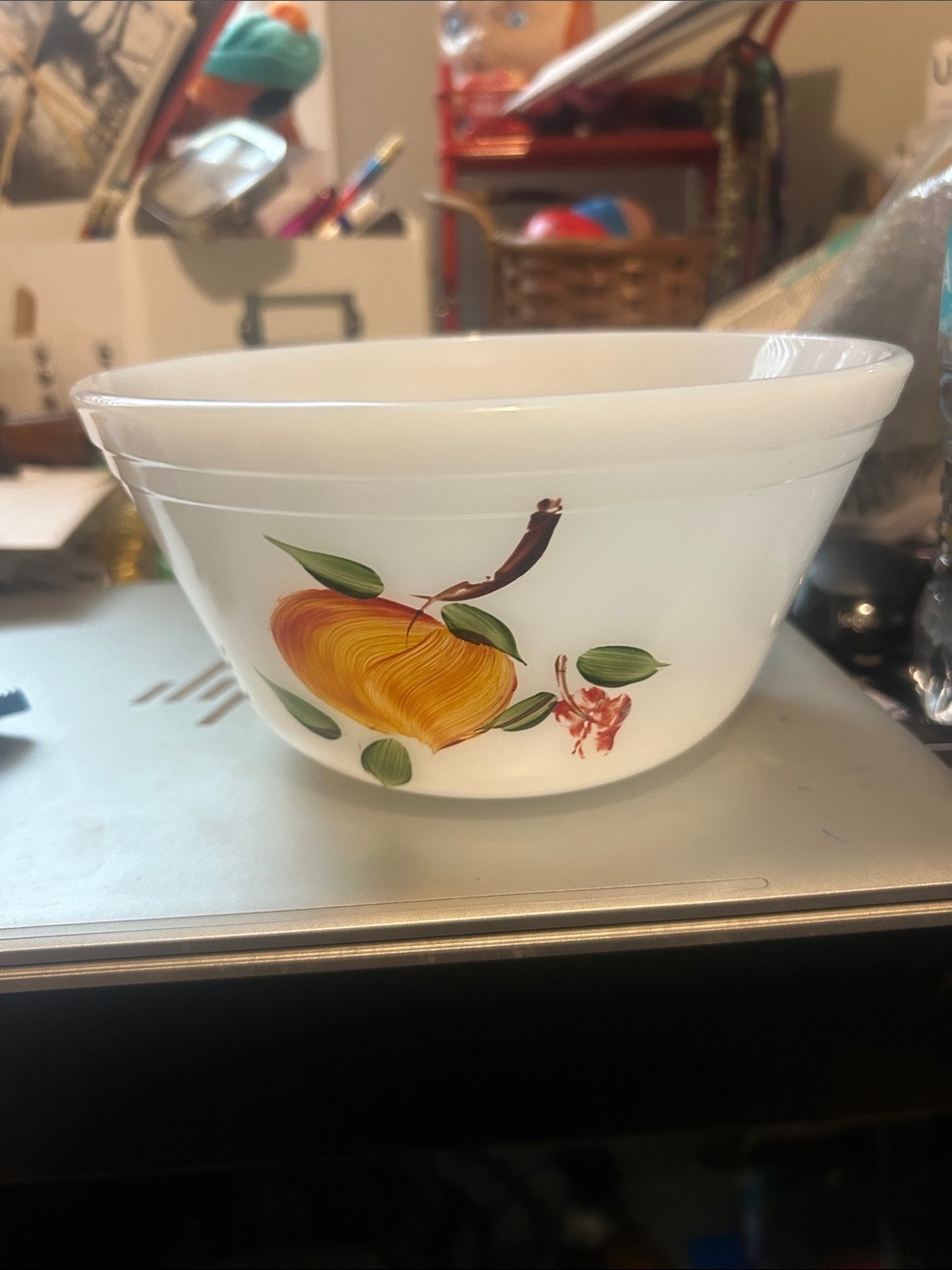 Vintage Fire King White Bowl with Yellow Peach and Green Leaves